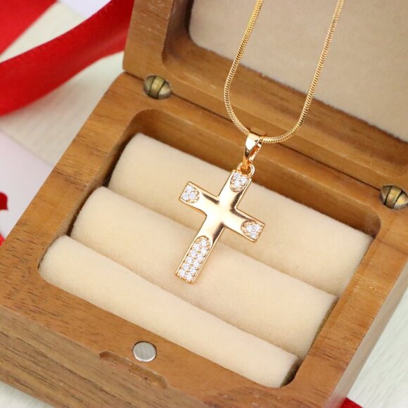 "Rose Gold Cross Pendant with Crystal Accents on Polished Surface, XPPT1611 - Picture 8 of 13